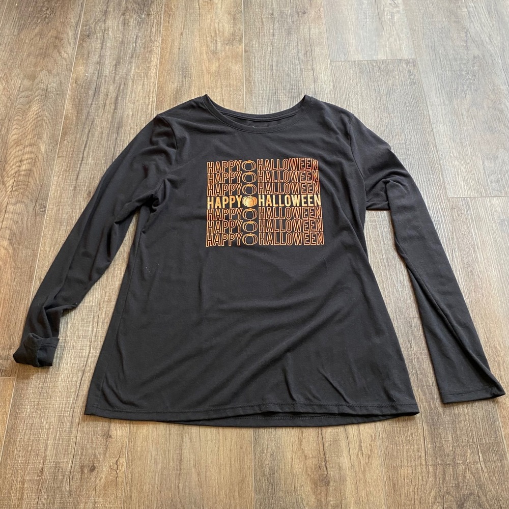 Way to Celebrate! Womens Happy Halloween Graphic Long Sleeve Top Black M 8-10
